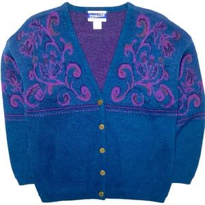 Vintage Pendleton Women’s Wool Cardigan Sweater Paisley Scroll Metal Buttons USA